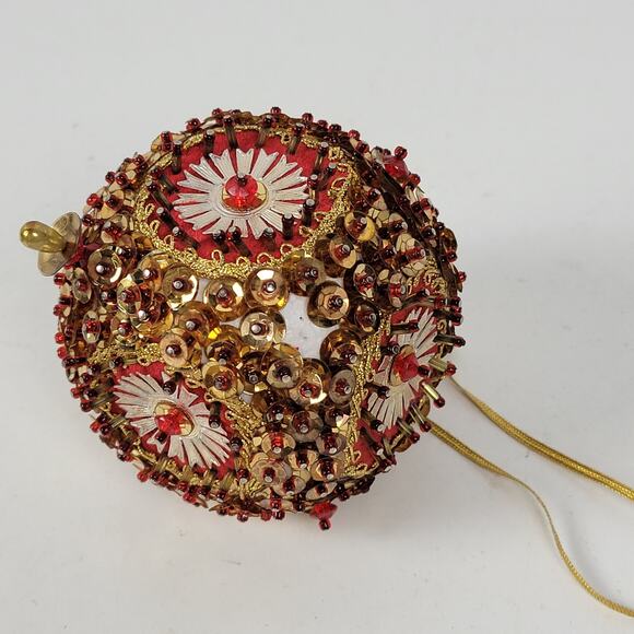 Vintage Handmade Pin Satin MCM Beaded Sequin Pearl Ornate Ball Ornament Lot of 3 - Picture 6 of 10